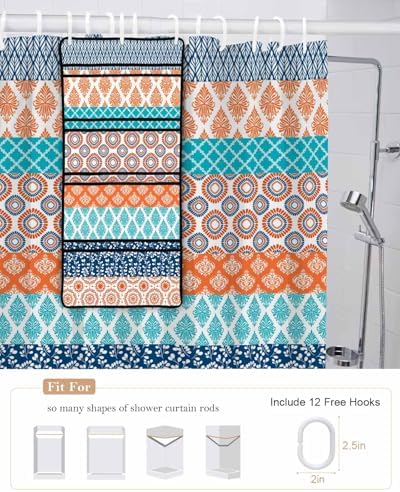 Geometric Stripe Shower Curtain with 10 Pockets and Hooks