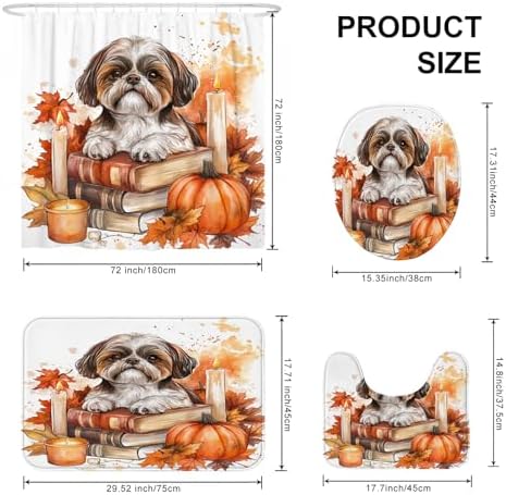 DESIHOM 4PCS Fall Shih Tzu Dog Shower Curtain Set with Non-Slip Rug