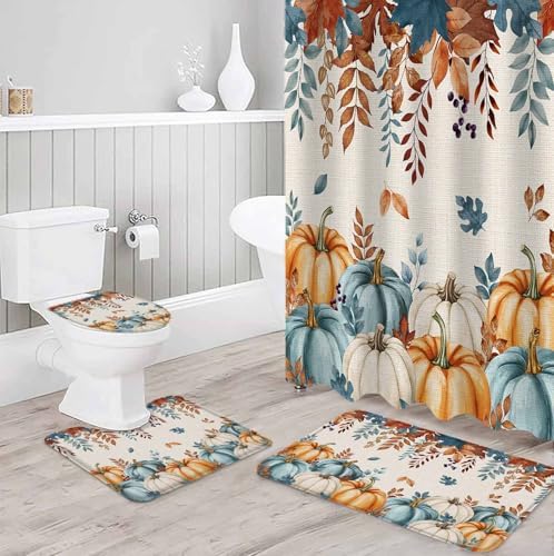 Harvest Pumpkin 4 Pc Shower Curtain Set with Non-Slip Rugs