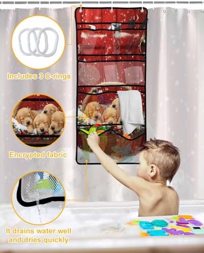 Red Winter Snow Shower Curtain with 10 Pockets