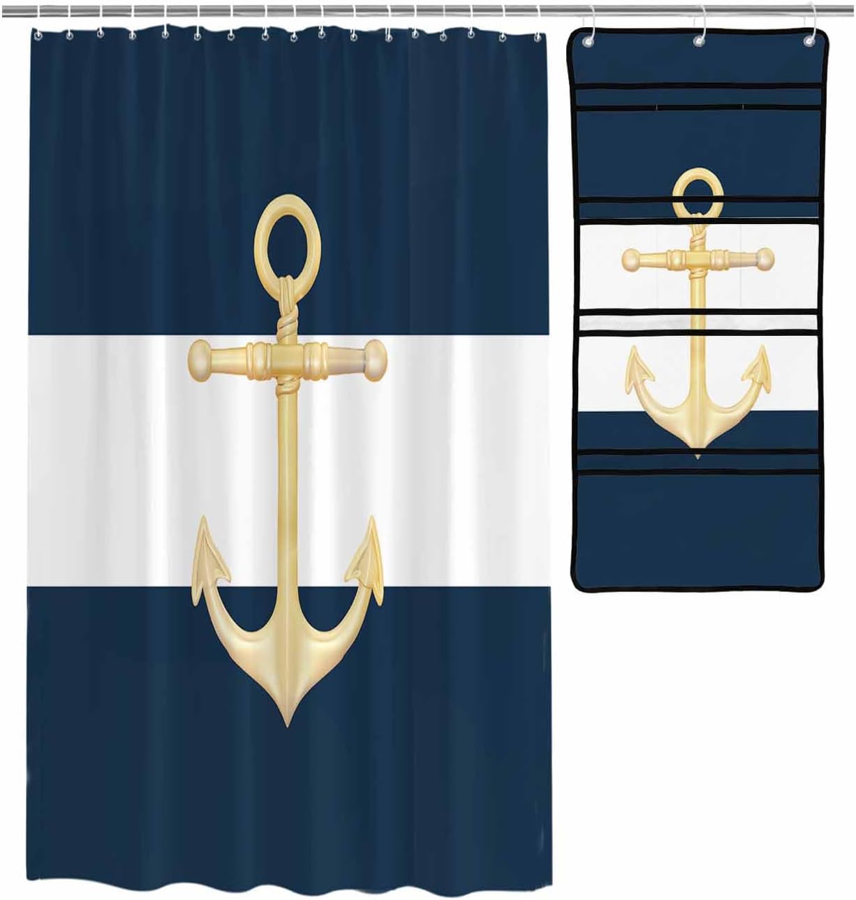 Gold Sea Anchor Blue and White Waterproof Shower Curtain with Mesh Organizer and 15 Hooks