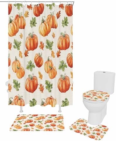 Thanksgiving Pumpkin 4 Pc Shower Curtain Set with Non-Slip Rugs 1