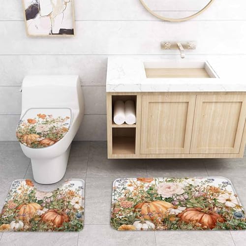 Thanksgiving Flowers Pumpkin Shower Curtain Set 4 Pcs