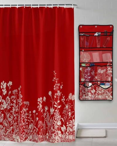 Red Leaf Flower Pattern Shower Curtain with 10 Pockets and Hooks