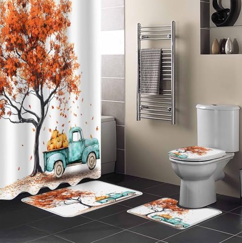 Fall Truck 4 Pcs Waterproof Shower Curtain Set with Non-Slip Rugs and Mats