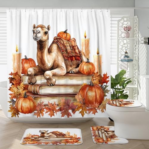 4PCS Fall Camels Pumpkins Shower Curtain Set with Non-Slip Rug and Hooks