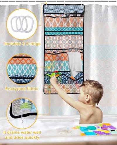 Geometric Stripe Shower Curtain with 10 Pockets and Hooks