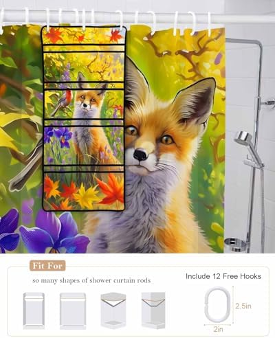 Funny Flower Blossom Fox Waterproof Shower Curtain with 10 Pockets Organizer