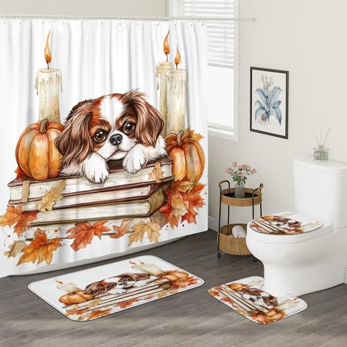 DESIHOM 4PCS Fall Japanese Chin Dog Shower Curtain Set with Non-Slip Rug and Toilet Lid Cover Mat