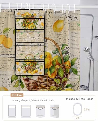 Yellow Lemon Green Leaf Shower Curtain Organizer Set with Hooks