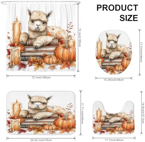 DESIHOM 4PCS Fall Alpaca Llama Shower Curtain Set with Non-Slip Rug and Toilet Lid Cover Mat