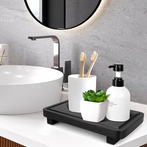 Black Wood Soap Dispenser Organizer Bathroom Counter Tray