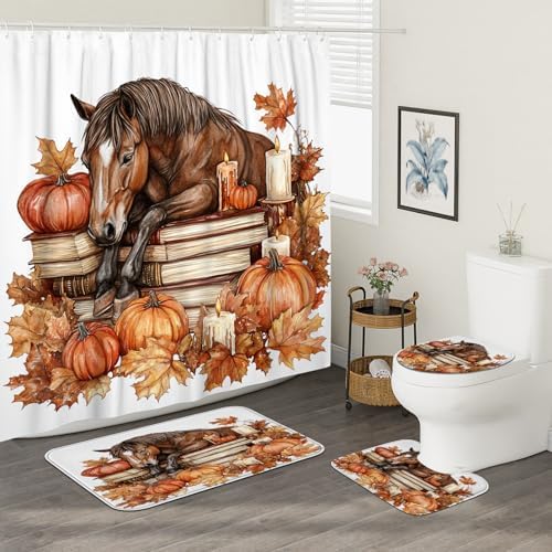 DESIHOM 4PCS Fall Horses Shower Curtain Set with Non-Slip Rug and Toilet Lid Cover Mat