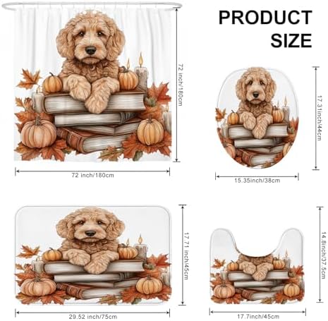 DESIHOM 4PCS Fall Golden Doodle Dog Shower Curtain Set with Non-Slip Rug and Toilet Lid Cover Mat