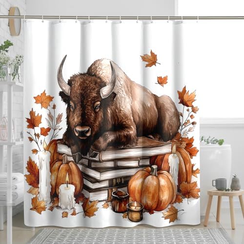Fall Bisons Pumpkins Decorative Shower Curtain Set