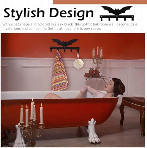 Gothic Bat Wall Decor Towel Rack with 5 Hooks