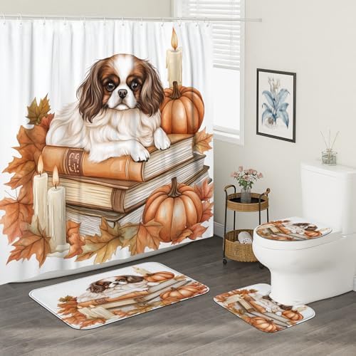DESIHOM 4PCS Fall Japanese Chin Dog Shower Curtain Set 72x72 with Hooks and Bath Mat