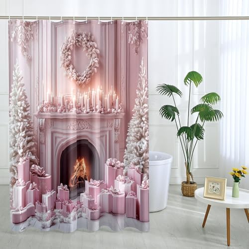 DESIHOM Christmas Tree Fireplace Pink Shower Curtain Set 72 Inch