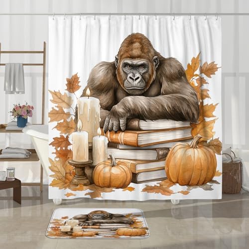 4PCS Fall Chimpanzee Pumpkins Shower Curtain Set with Hooks and Bath Mat