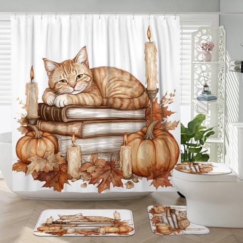 DESIHOM 4PCS Fall Cats Kitten Shower Curtain with Hooks and Non-Slip Rug