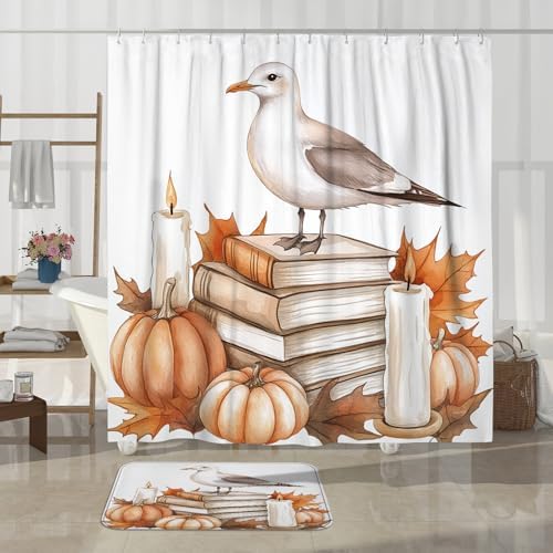 DESIHOM 4PCS Fall Seagull Bird Shower Curtain Set with Hooks and Non-Slip Rug