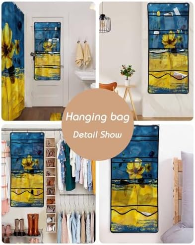 Floral Blue Yellow Shower Curtain with 10 Pockets Organizer Set