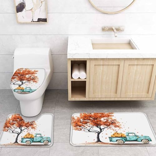 Fall Truck 4 Pcs Waterproof Shower Curtain Set with Non-Slip Rugs and Mats