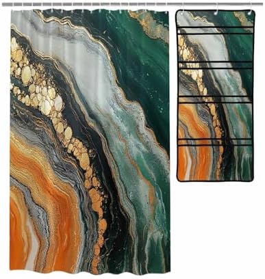 Modern Abstract Marble Shower Curtain with Organizer Set