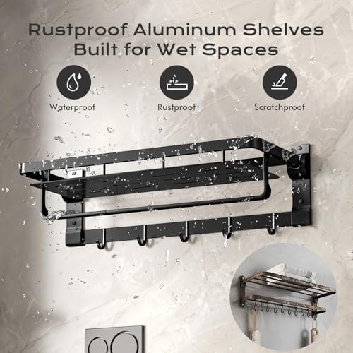 Rust-Proof Floating Shelves Organizer With Towel Bar 23-Inch Matte Black