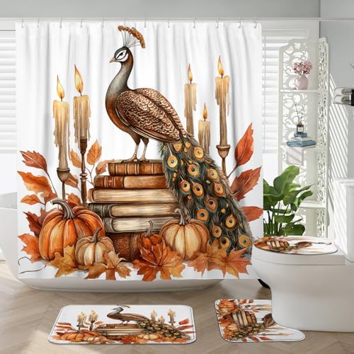 DESIHOM 4PCS Fall Peacock Shower Curtain Set with Hooks Non-Slip Rug and Toilet Lid Cover Mat