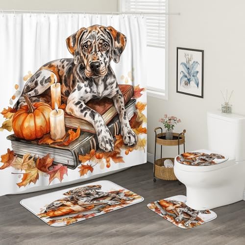 DESIHOM 4PCS Fall Catamounts Leopard Shower Curtain Set with Non-Slip Rug and Toilet Lid Cover Mat