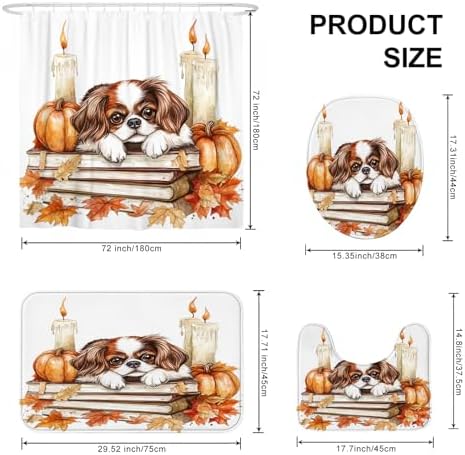 DESIHOM 4PCS Fall Japanese Chin Dog Shower Curtain Set with Non-Slip Rug and Toilet Lid Cover Mat