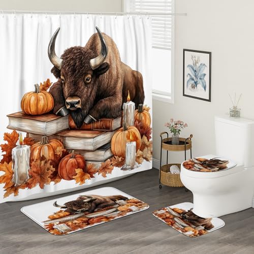 DESIHOM 4PCS Fall Bisons Pumpkins Shower Curtain Set with Hooks and Non-Slip Rug