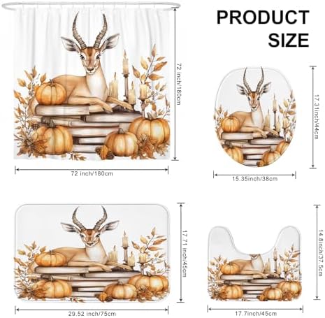 4PCS Fall Antelopes Pumpkins Shower Curtain Set with Hooks and Non-Slip Rug