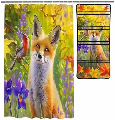 Funny Flower Blossom Fox Waterproof Shower Curtain with 10 Pockets Organizer