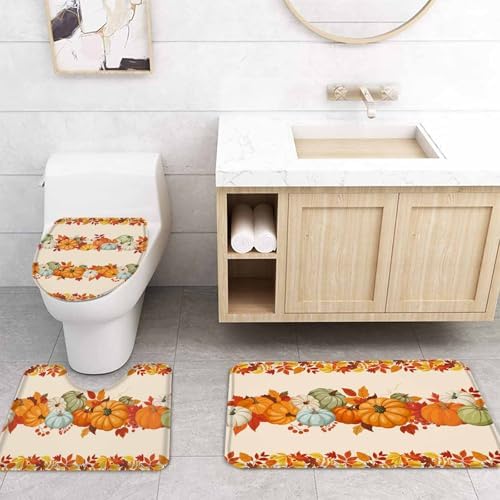 Thanksgiving Pumpkin 4 Pc Shower Curtain Set with Non-Slip Rugs