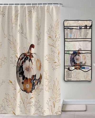 ZFUNCING Vintage Floral Pumpkin Shower Curtain Set with Hooks and Hanging Organizer