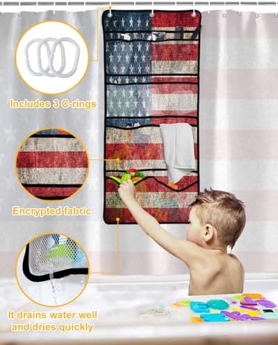 ZFUNCING Vintage Flag Shower Curtain Set with Mesh Organizer and Hooks