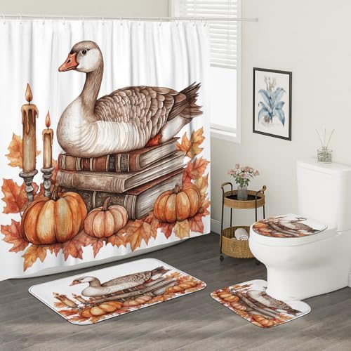 DESIHOM 4PCS Fall Goose Shower Curtain Set 72x72 with Hooks and Bathroom Accessory Kit