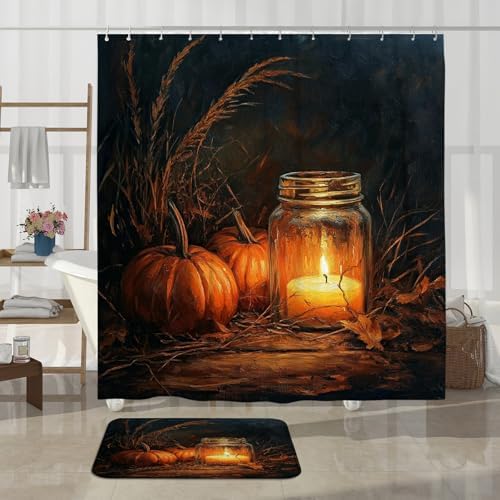 DESIHOM 4PCS Fall Candle Shower Curtain Set with Non-Slip Rug and Toilet Lid Cover Mat