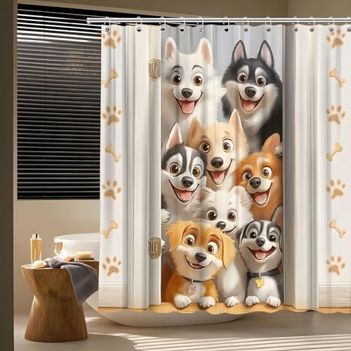 Funny Dogs Shower Curtain Cute Cartoon Animal Paws Print Bone Watercolor Farmhouse Decor