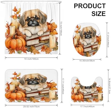 DESIHOM 4PCS Fall Pekingese Dog Shower Curtain Set with Non-Slip Rug and Toilet Lid Cover Mat