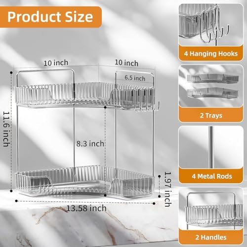 2 Tier Corner Bathroom Organizer with Hooks and Trays Gray