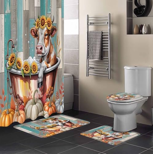 Thanksgiving Bath Cow 4 Pc Shower Curtain Set