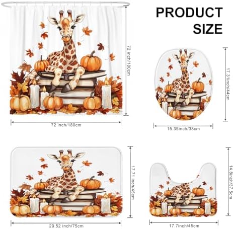 DESIHOM 4PCS Fall Giraffe Pumpkins Shower Curtain Set with Hooks and Non-Slip Rug