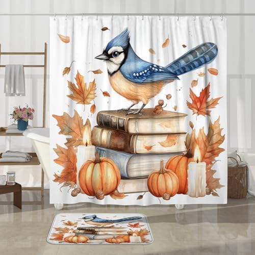 DESIHOM 4PCS Fall Blue Jay Bird Shower Curtain Set with Non-Slip Rug and Hooks