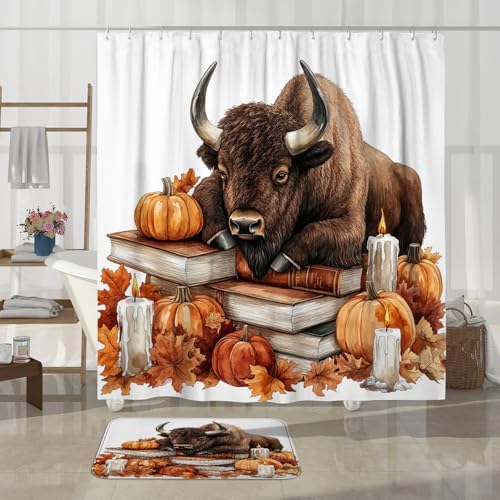 DESIHOM 4PCS Fall Bisons Pumpkins Shower Curtain Set with Hooks and Non-Slip Rug