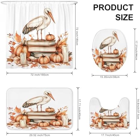 DESIHOM 4PCS Fall Stork Bird Shower Curtain Set with Non-Slip Rug and Toilet Lid Cover Mat