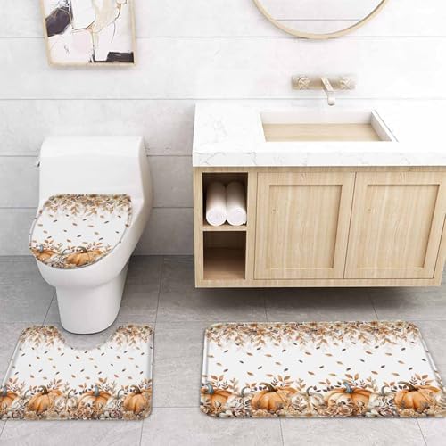 Thanksgiving Pumpkin Shower Curtain Set 4 Pcs Waterproof Fall Decor