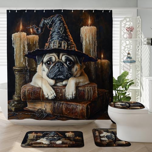 4PCS Halloween Witch Pug Dog Bathroom Set